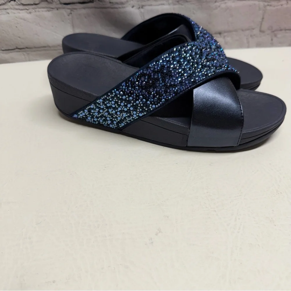 Fitflop Lulu  Navy Blue Beaded Crisscross Slide Sandals size 8 NWOT